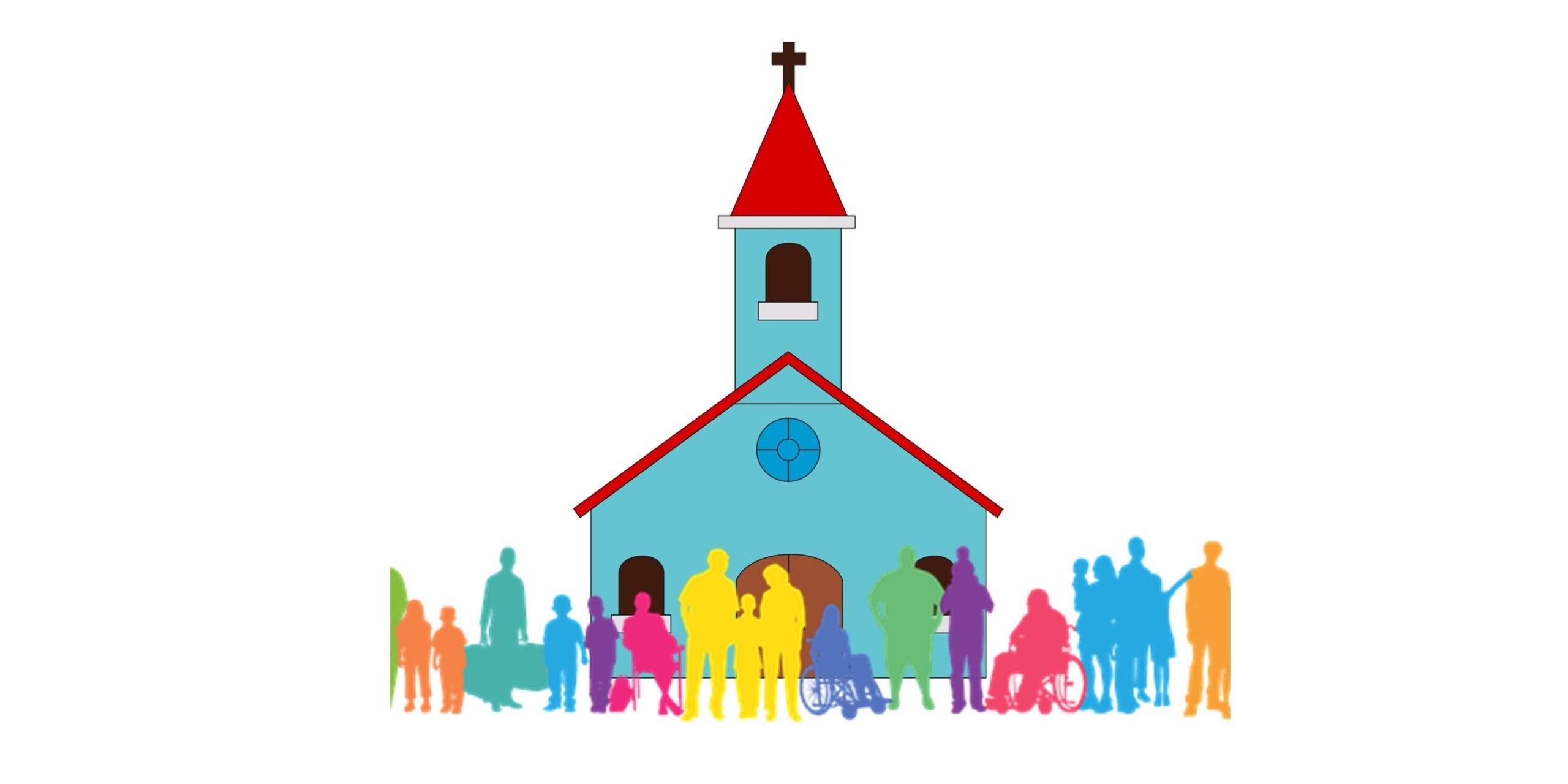 Bunte Silhouetten von Menschen verschiedener Altersgruppen und mit Behinderungen vor einer blauen Kirche mit rotem Dach und Turm
