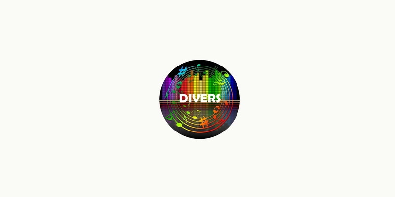 Das Logo der Musikgruppe DIVERS. Bunte Musiknoten und Notenschlüssel umkreisen das Wort 'DIVERS' auf schwarzem Kreis
