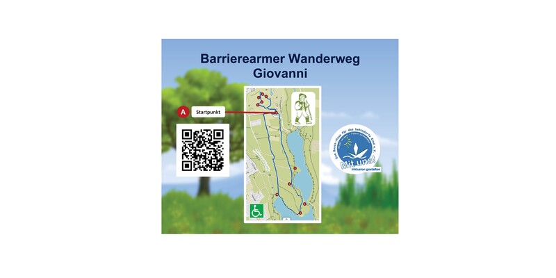 Karte des barrierearmen Wanderwegs Giovanni mit Startpunkt 'A', QR-Code und Symbolen für barrierefreien Zugang.