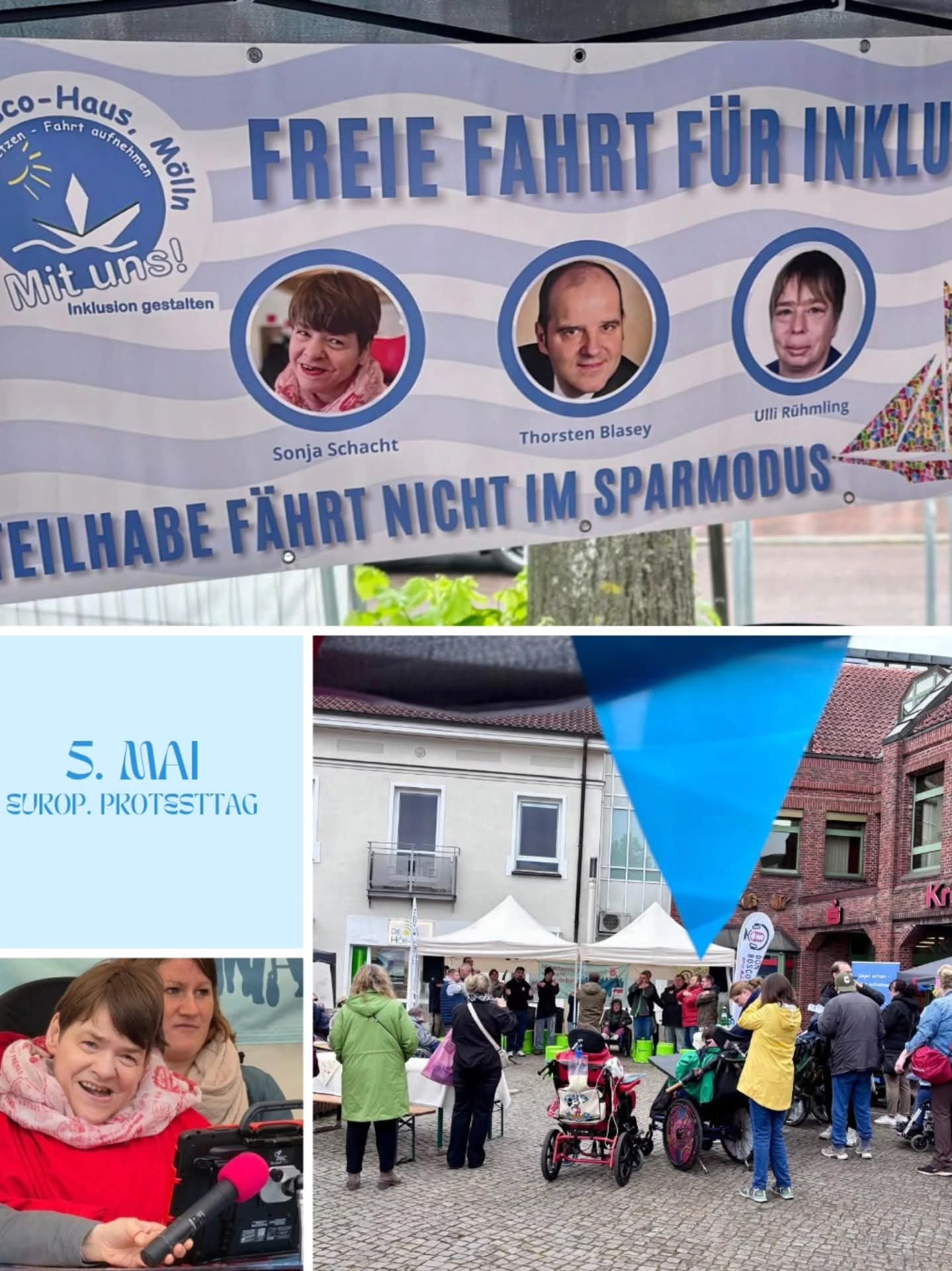 Banner mit den Porträts von drei Personen und dem Text 'FREIE FAHRT FÜR INKLUSION TEILHABE FÄHRT NICHT IM SPARMODUS' über einer Menschenmenge auf einem Platz mit Zelten und blauen Luftballons