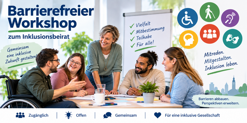 Das Bild zeigt eine vielfältige Gruppe von Menschen mit und ohne Behinderung tauscht sich bei einem barrierefreien Workshop zum Inklusionsbeirat gemeinsam an einem Tisch aus.