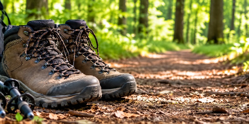 Braune Wanderschuhe und Trekkingstöcke auf einem Waldweg, umgeben von grünen Bäumen im Sonnenlicht.